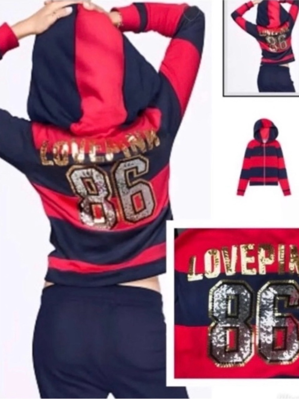 PINK VS STRIPE RED/ BLUE 86 BLING HOODIE SMALL